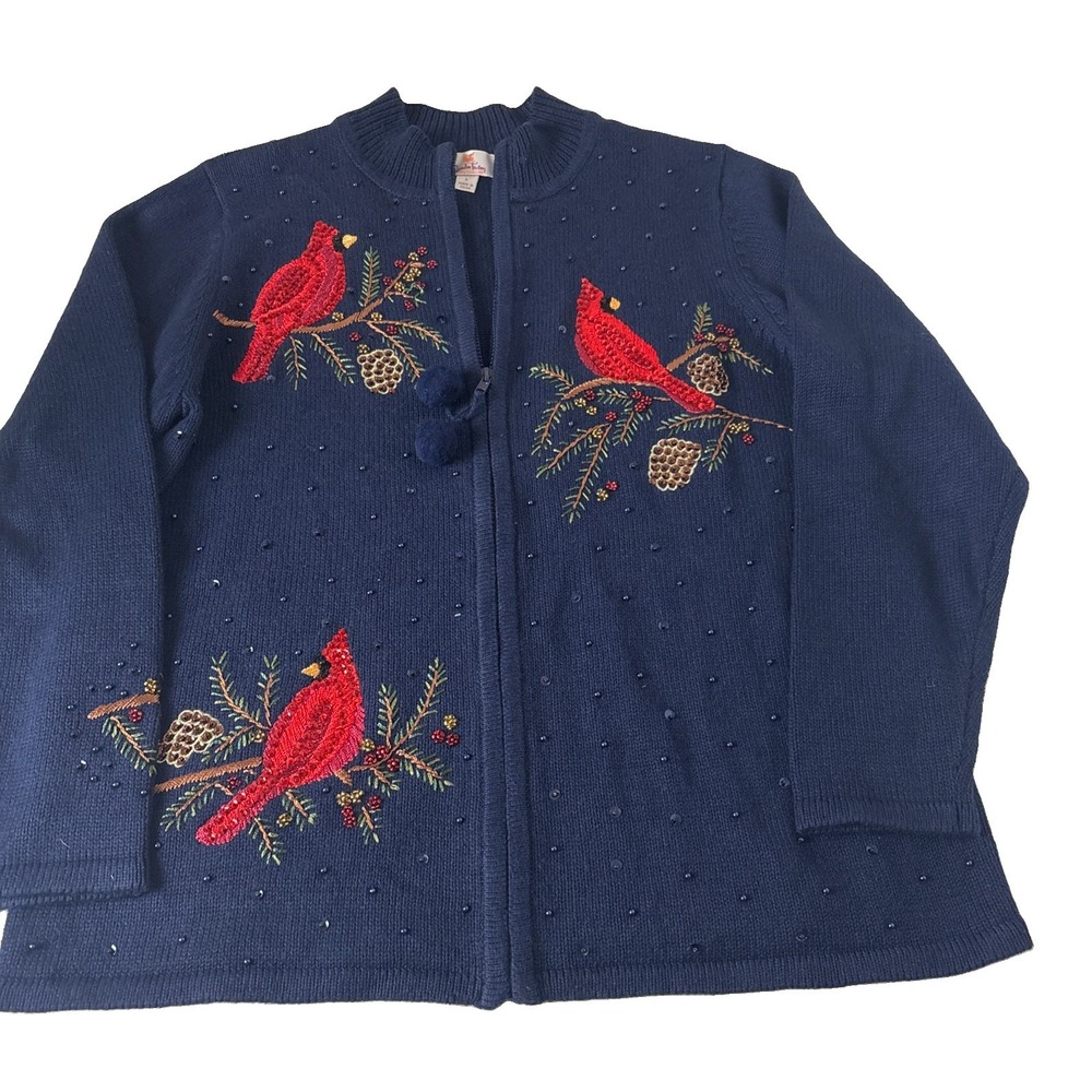 Quacker Factory Navy Blue Cardinal Beaded Zip Up Sweater L Christmas Holiday